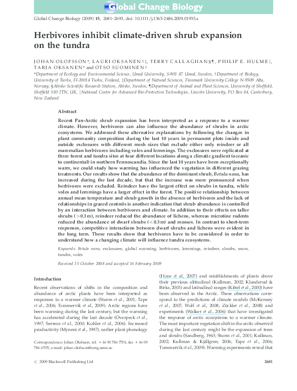 (PDF) Herbivores inhibit climate-driven shrub expansion on the tundra