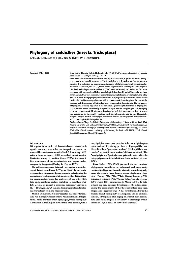 (PDF) Phylogeny of caddisflies (Insecta, Trichoptera) Roger Blahnik