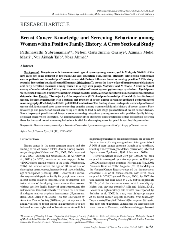 (PDF) Breast cancer knowledge and screening behaviour among women with