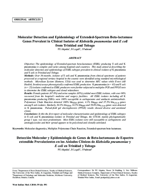 (PDF) Molecular detection and epidemiology of extended-spectrum beta ...