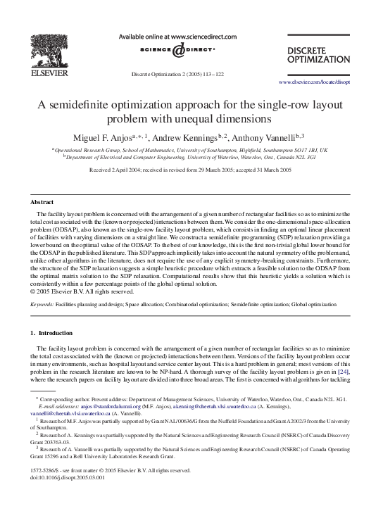 (PDF) A semidefinite optimization approach for the single-row layout ...