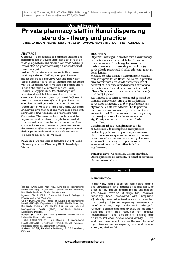 Pdf Private Pharmacy Staff In Hanoi Dispensing Steroids Theory