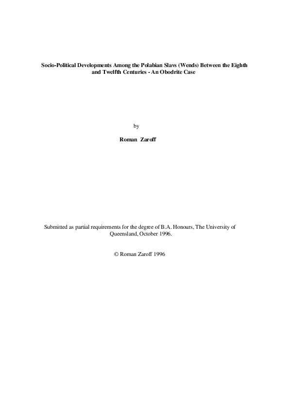 Socio-Political Developments Among the Polabian Slavs (Wends) Between the Eighth and Twelfth Centuries -An Obodrite Case