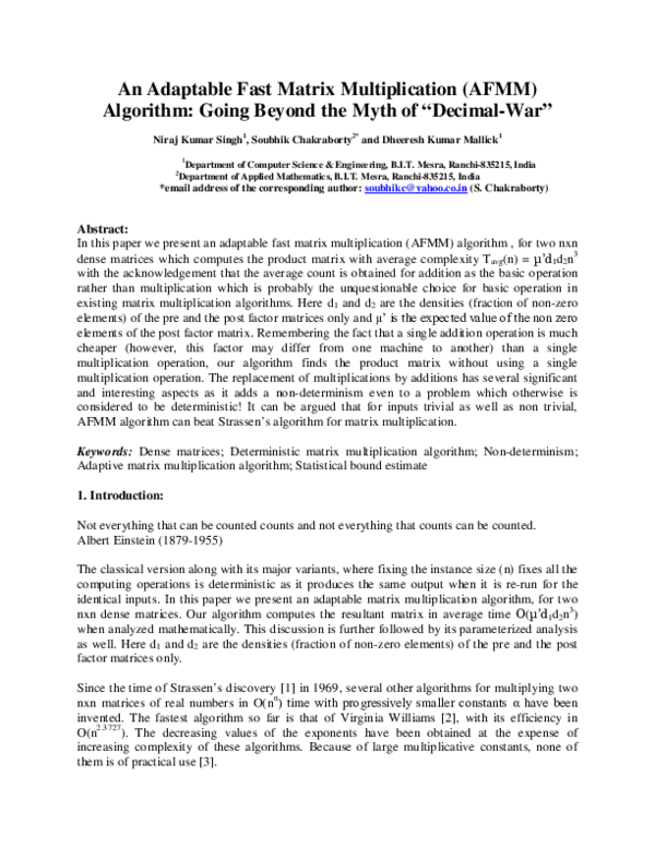 (PDF) An Adaptable Fast Matrix Multiplication Algorithm, Going Beyond ...