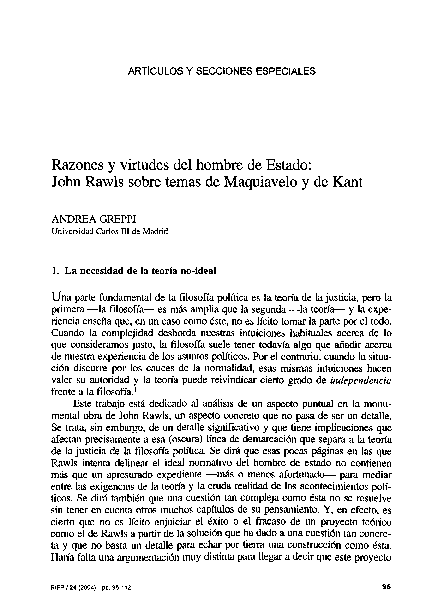 Razones y virtudes del hombre de Estado: John Rawls sobre temas de Maquiavelo y de Kant