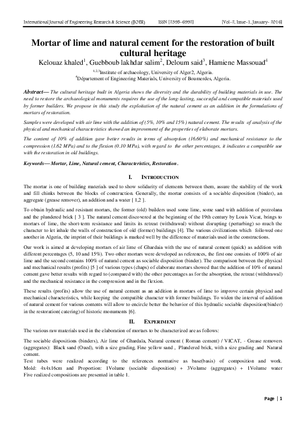 (PDF) Mortar of lime and natural cement for the restoration of built