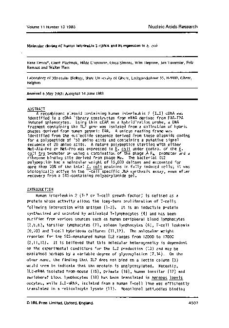 (PDF) Molecular cloning of human interleukin 2 cDNA and its expression ...