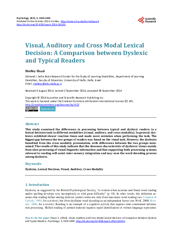 (PDF) Visual, Auditory and Cross Modal Lexical Decision: A Comparison ...