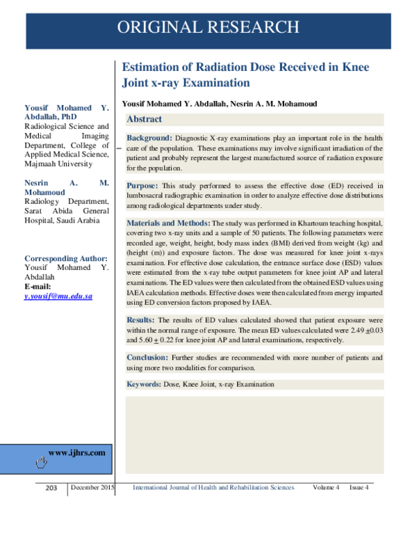 (PDF) Estimation of Radiation Dose Received in Knee Joint x-ray Examination