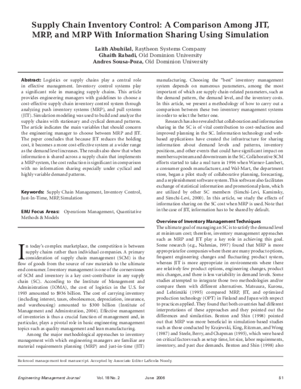 (PDF) Supply chain inventory control: A comparison among JIT, MRP, and ...