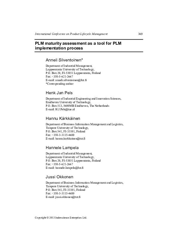 (PDF) PLM maturity assessment as a tool for PLM implementation process