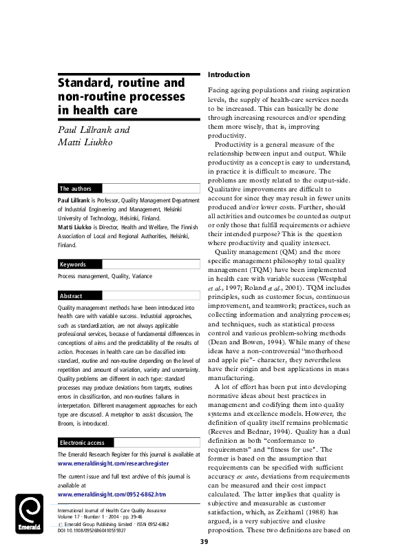 (PDF) Standard, routine and non-routine processes in health care