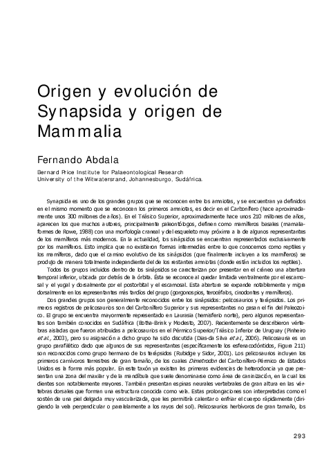 (PDF) Origen y Evolución de Synapsida y origen de Mammalia