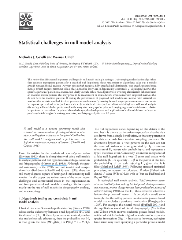 (PDF) Statistical challenges in null model analysis Werner Ulrich