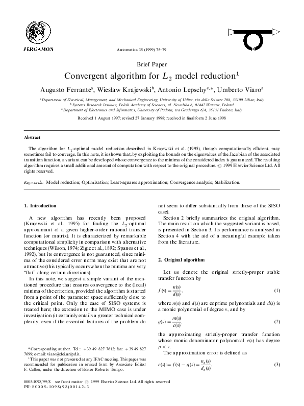 (PDF) Convergent algorithm for L2 model reduction