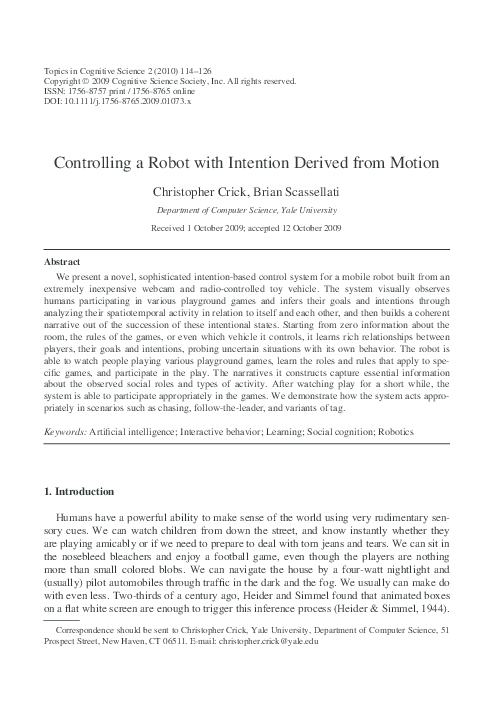 (PDF) Controlling a Robot with Intention Derived from Motion