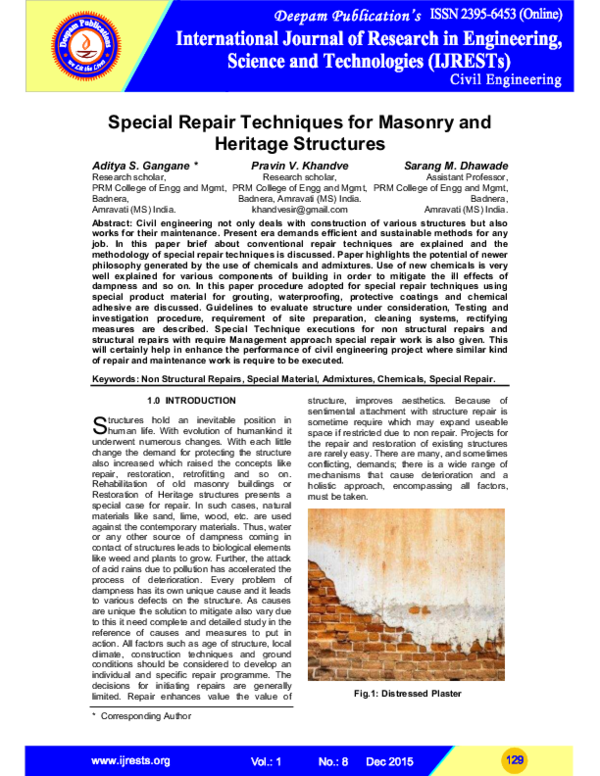 (PDF) Special Repair Techniques for Masonry and Heritage Structures - Repair Techniques For Damaged Bookwalls Masonry