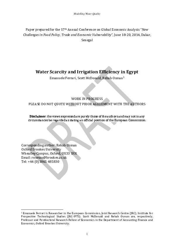 (PDF) Modelling Water Quality Water Scarcity and Irrigation Efficiency