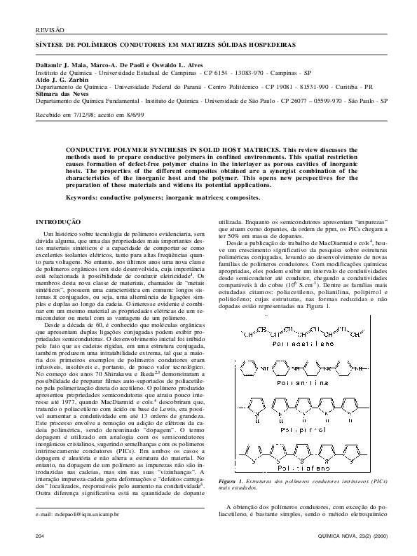 (PDF) Conductive polymer synthesis in solid host matrices Silmara