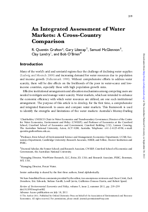 (PDF) An Integrated Assessment of Water Markets: A Cross-Country Comparison