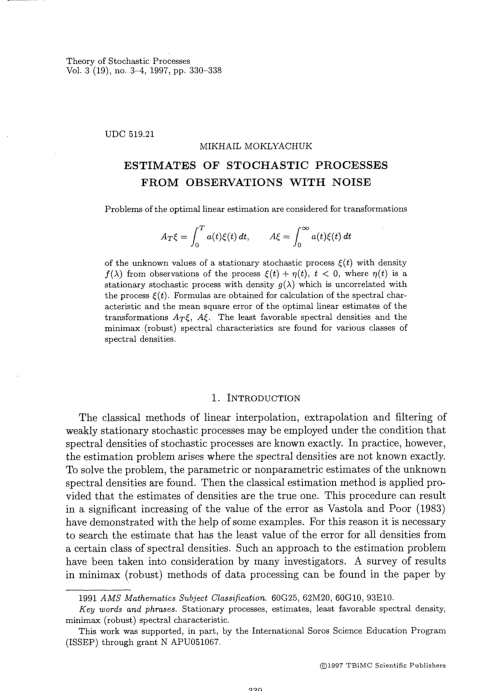 (PDF) Estimates of stochastic processes from observations with noise