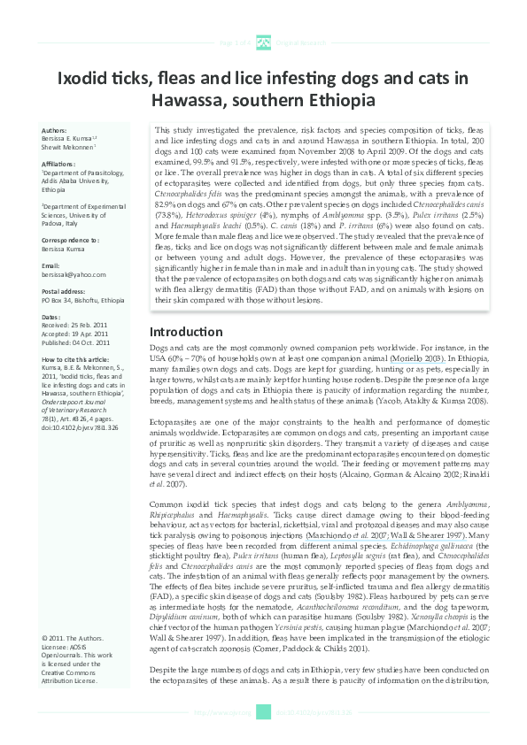 (PDF) Ixodid ticks, fleas and lice infesting dogs and cats in Hawassa ...