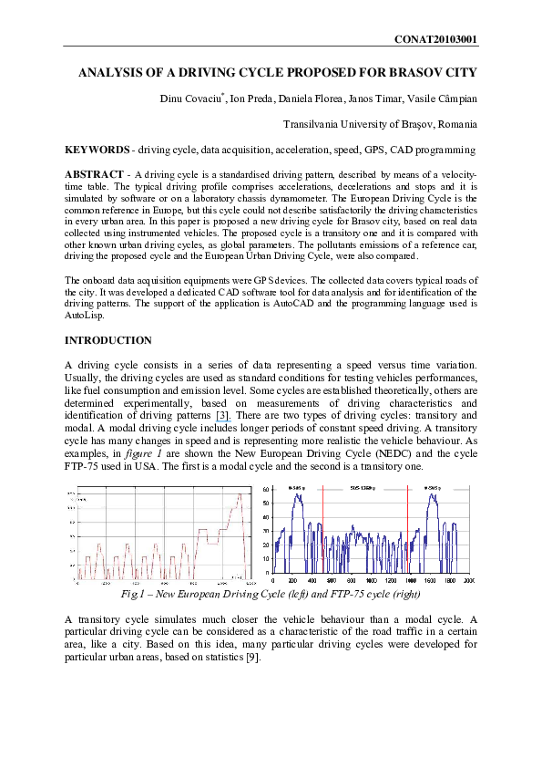 (PDF) ANALYSIS OF A DRIVING CYCLE PROPOSED FOR BRASOV CITY