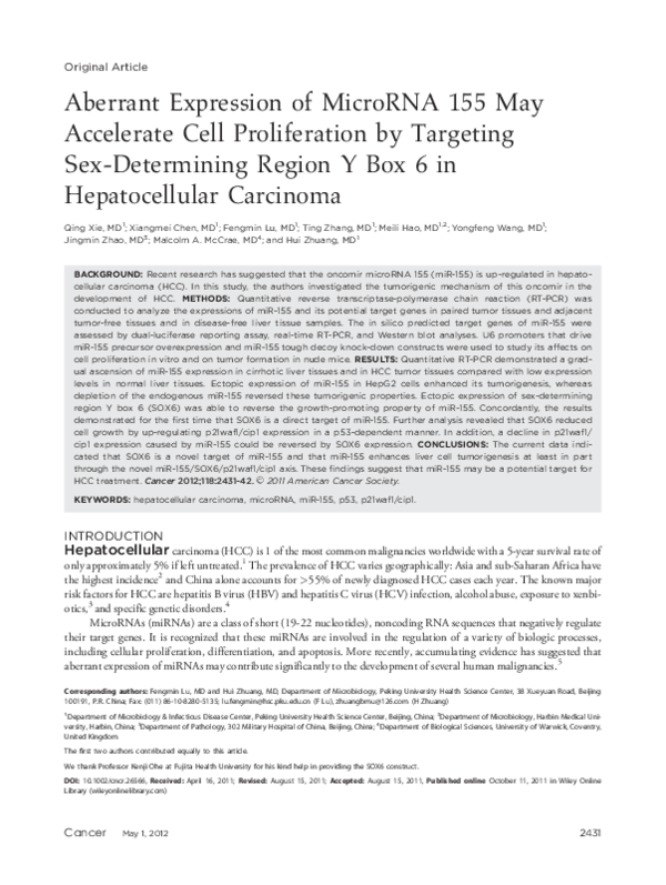 (PDF) Aberrant expression of microRNA 155 may accelerate cell ...