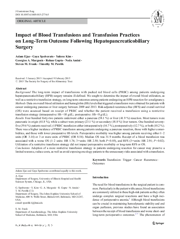 (PDF) Impact of Blood Transfusions and Transfusion Practices on Long ...