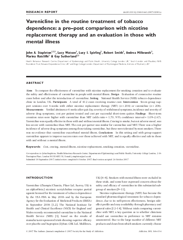 (PDF) Varenicline in the routine treatment of tobacco dependence: a pre ...