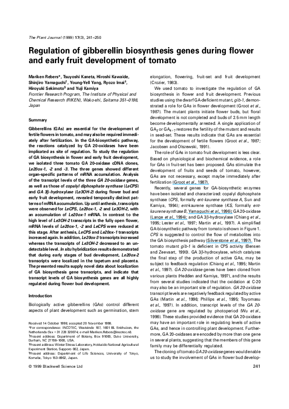 (PDF) Regulation of gibberellin biosynthesis genes during flower and ...