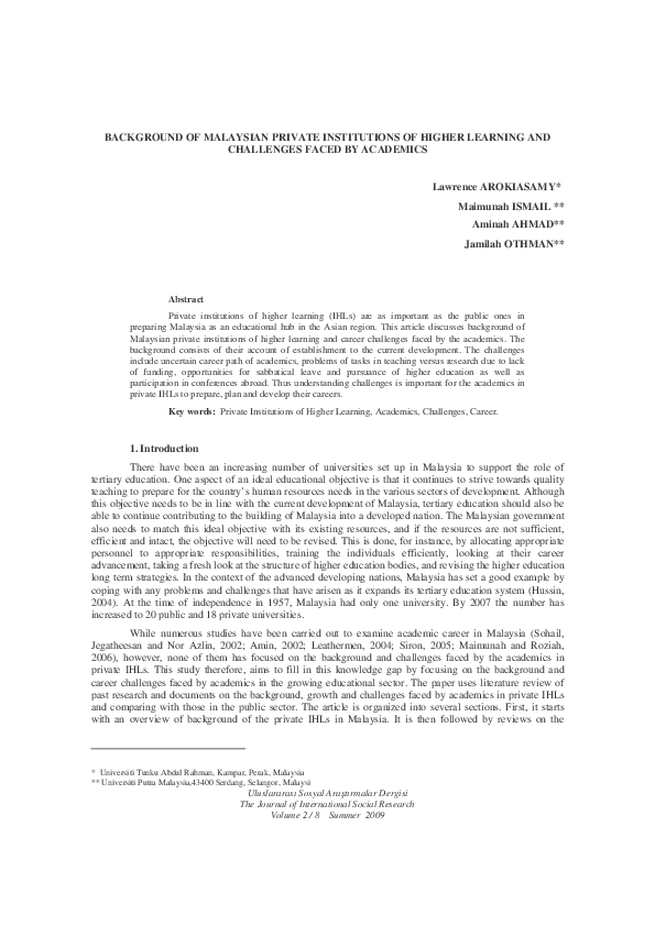 (PDF) BACKGROUND OF MALAYSIAN PRIVATE INSTITUTIONS OF HIGHER LEARNING ...