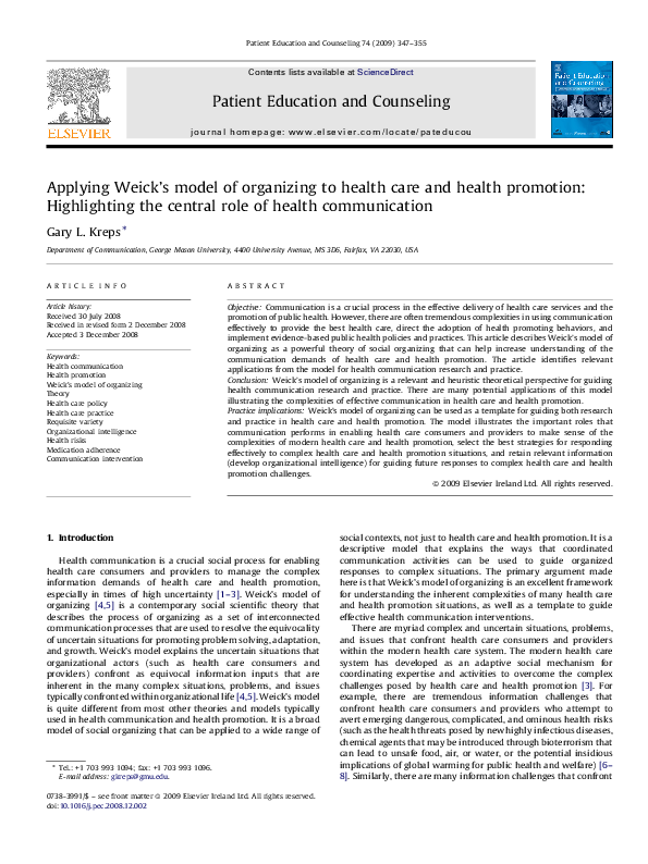 (PDF) Applying Weick's model of organizing to health care and health ...