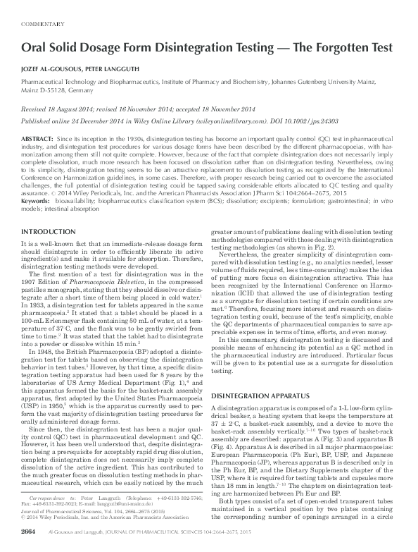 (PDF) Oral Solid Dosage Form Disintegration Testing — The Forgotten Test