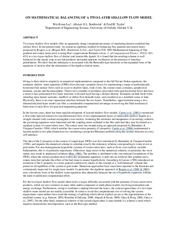 (PDF) ON MATHEMATICAL BALANCING OF A TWO-LAYER SHALLOW FLOW MODEL