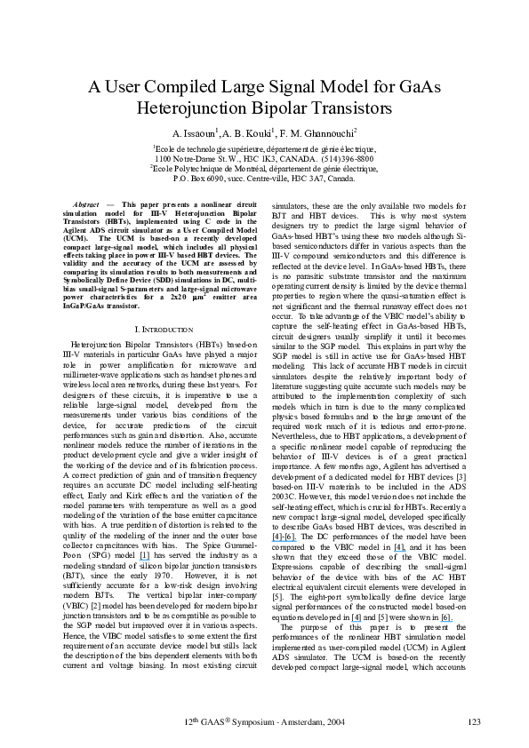 (PDF) A User Compiled Large Signal Model for GaAsHeterojunction Bipolar ...