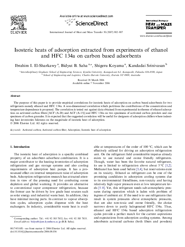 (PDF) Isosteric Heats of Adsorption for Ethanol and HFC 134a