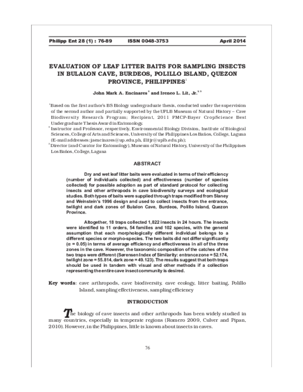 (PDF) EVALUATION OF LEAF LITTER BAITS FOR SAMPLING INSECTS IN BULALON ...