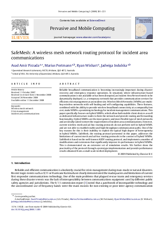 (PDF) SafeMesh: A wireless mesh network routing protocol for incident ...