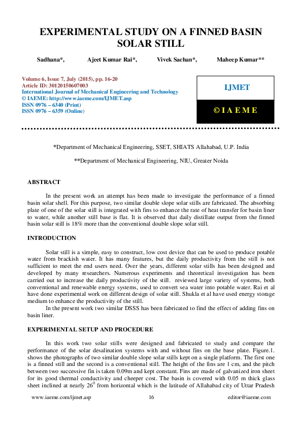 (PDF) EXPERIMENTAL STUDY ON A FINNED BASIN SOLAR STILL