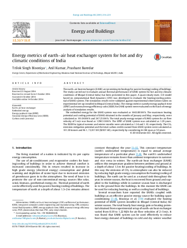 (PDF) Energy metrics of earth–air heat exchanger system for hot and dry ...