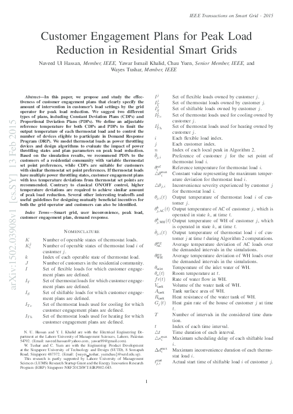 (PDF) Customer Engagement Plans for Peak Load Reduction in Residential ...