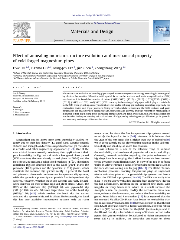 (PDF) Effect of annealing on microstructure evolution and mechanical ...
