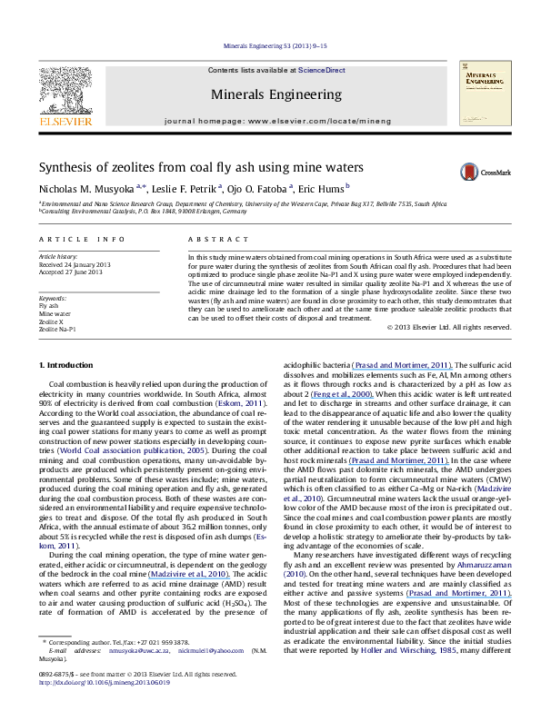 (PDF) Synthesis of zeolites from coal fly ash using mine waters