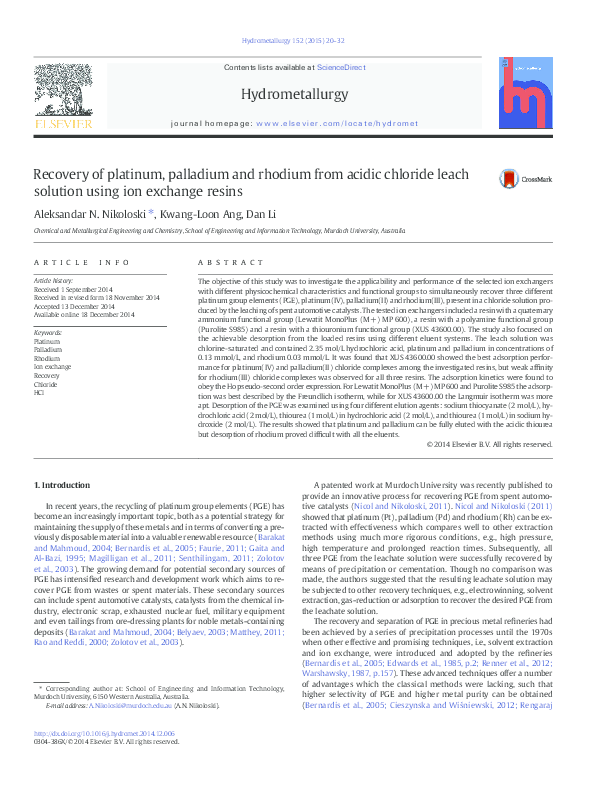 (PDF) Recovery of platinum, palladium and rhodium from acidic chloride ...
