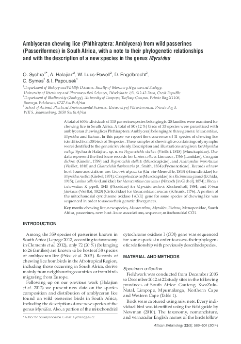 (PDF) Amblyceran chewing lice (Phthiraptera: Amblycera) from wild ...
