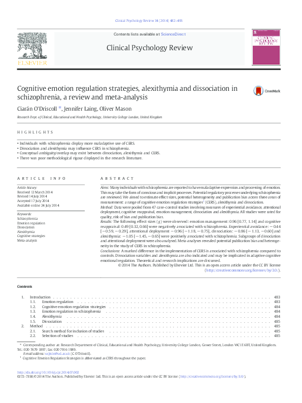 (PDF) Cognitive emotion regulation strategies, alexithymia and ...
