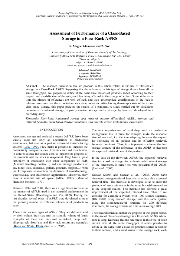  pdf assessment of performance of a class based storage in a flow rack