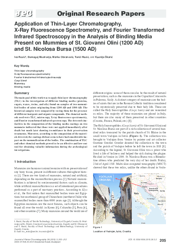 Application of thin-layer chromatography, X-ray fluorescence spectrometry, and Fourier transformed infrared spectroscopy in the analysis of binding media present on mummies of St. Giovanni Olini (1200 AD) and St. Nicolosa Bursa (1500 AD)