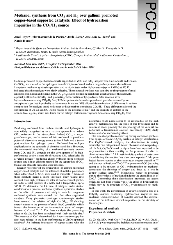 (PDF) Methanol synthesis from CO2 and H2 over gallium promoted copper ...